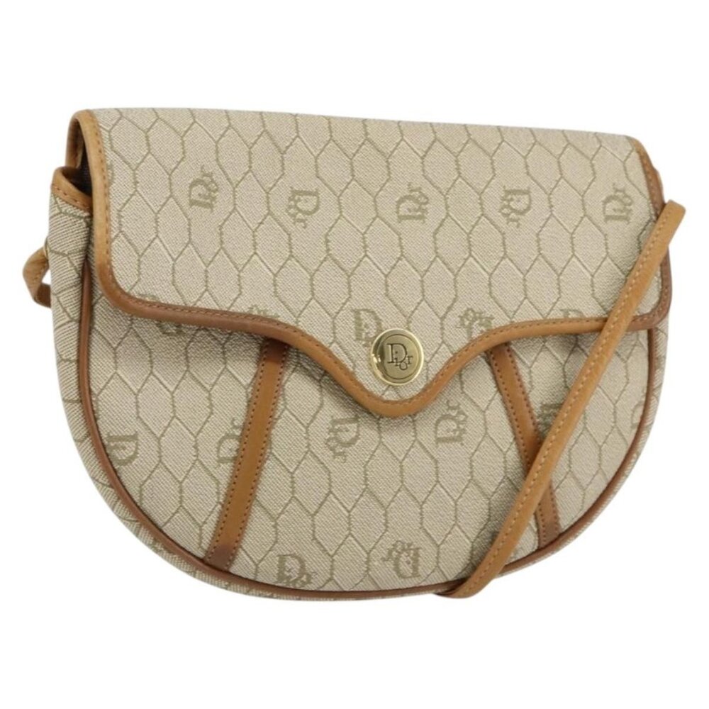Authentic Christian Dior Honeycomb Canvas Shoulder Bag PVC Beige Gold